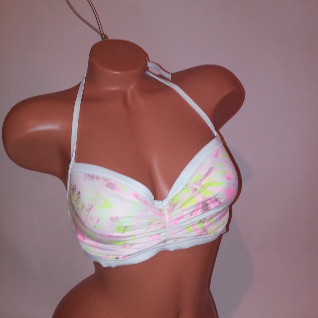 Victoria Secret Swim Bikini Top White Pink Yellow Tropical Halter Lined Cups